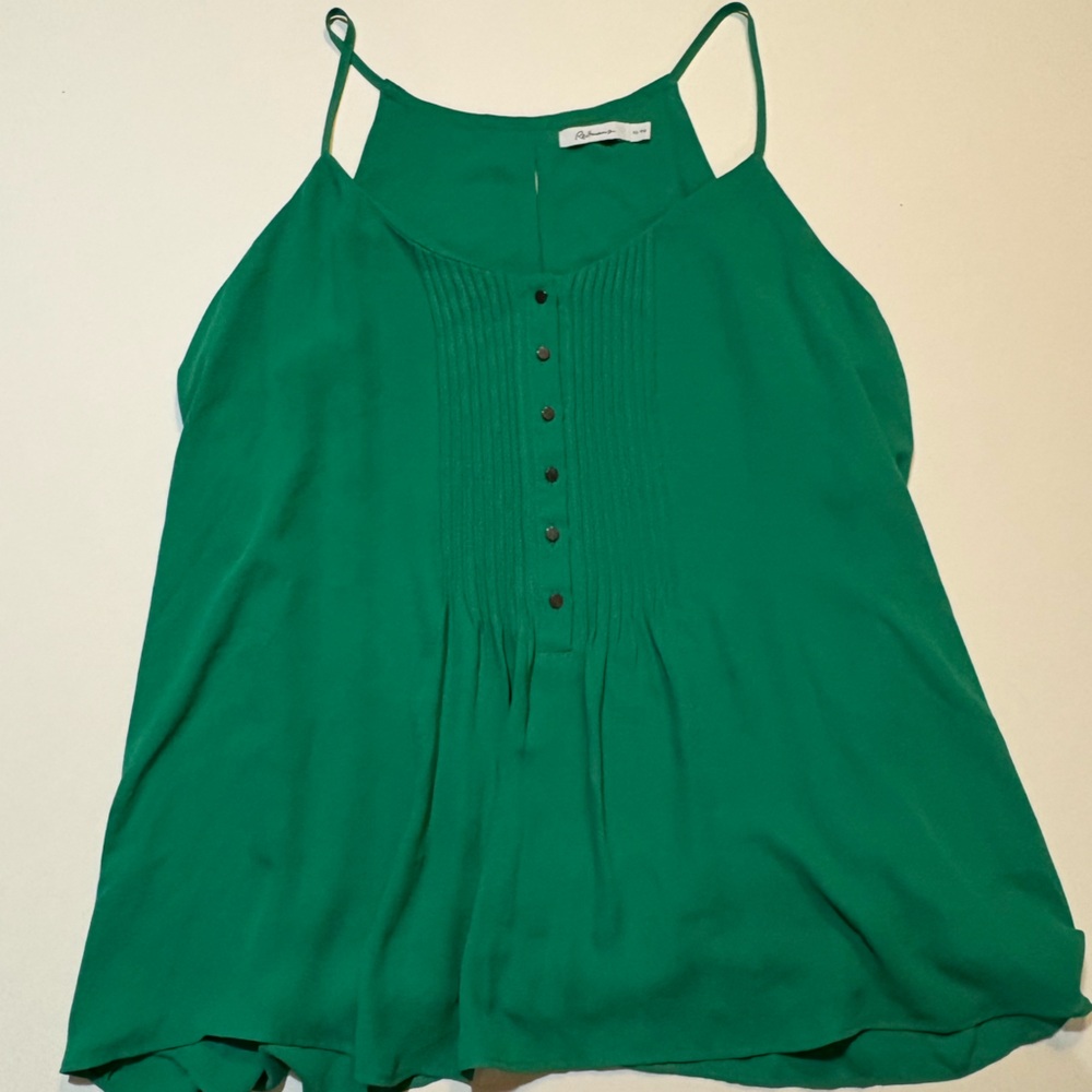 Green Pleated Button Front Cami Tank Top Going Out XL Spaghetti Strap Jewel Tone - Picture 2 of 6